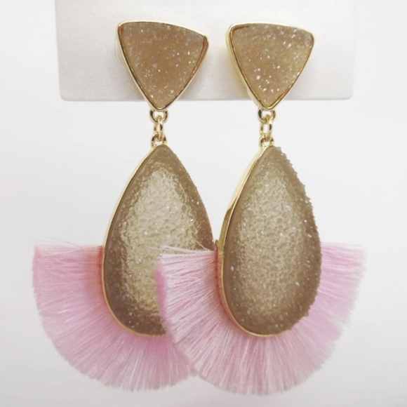 BaubleBar Jewelry - SUGARFIX  BaubleBar gray druzy teardrop pierced earrings with pink fringe